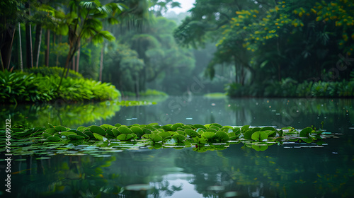 A calm lake, with lush greenery as the background, during a quiet morning © CanvasPixelDreams