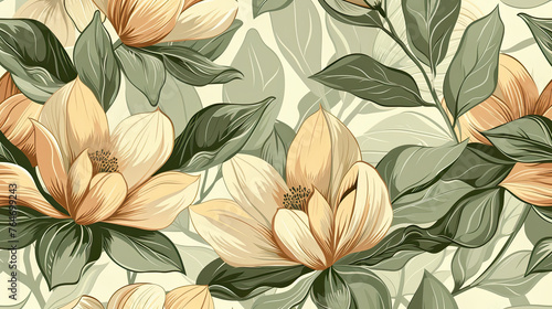 Wallpaper Mural Seamless beige and green floral vector wallpaper pattern. Seamless wrapping paper, textile or upholstery flower print. Torontodigital.ca