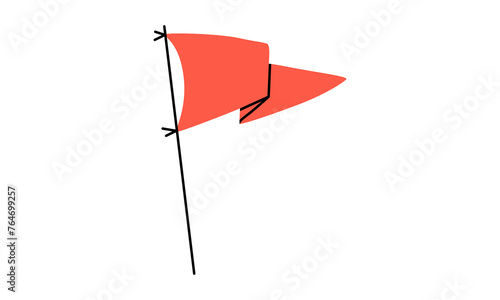 Hand drawn cute cartoon illustration of red flag or camping banner. Flat vector outdoor tourism scout sticker in colored doodle style. Challenge success icon. Adventure, hiking. Isolated.