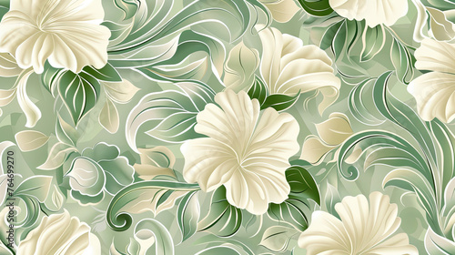 Seamless beige and green floral vector wallpaper pattern. Seamless wrapping paper  textile or upholstery flower print.