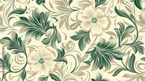 Seamless beige and green floral vector wallpaper pattern. Seamless wrapping paper, textile or upholstery flower print. © Santy Hong