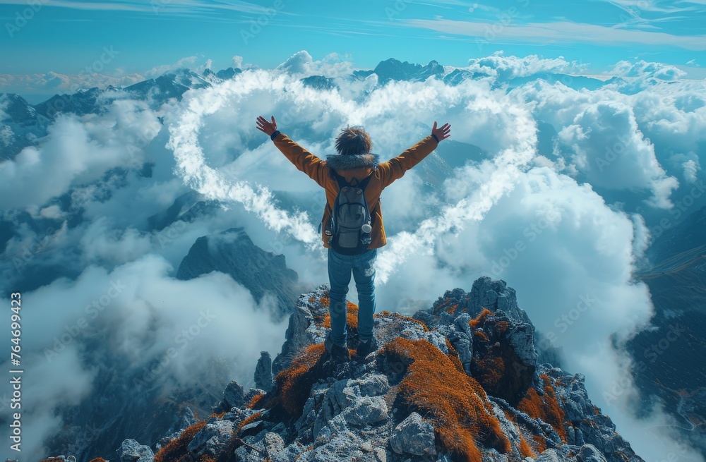Adventurous person standing on mountain peak with arms raised high, forming a heart shape with a stunning cloud formation Adventurous person standing on mountain peak with arms raised high, forming a heart shape with a stunning cloud formation