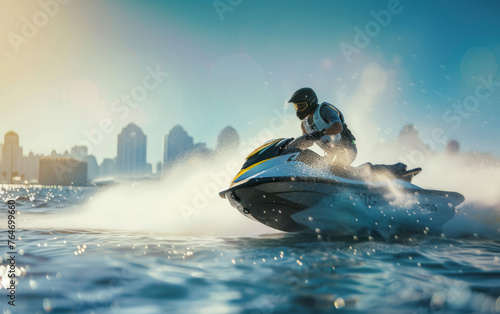 Jet ski rides on the waves against the backdrop of the city photo