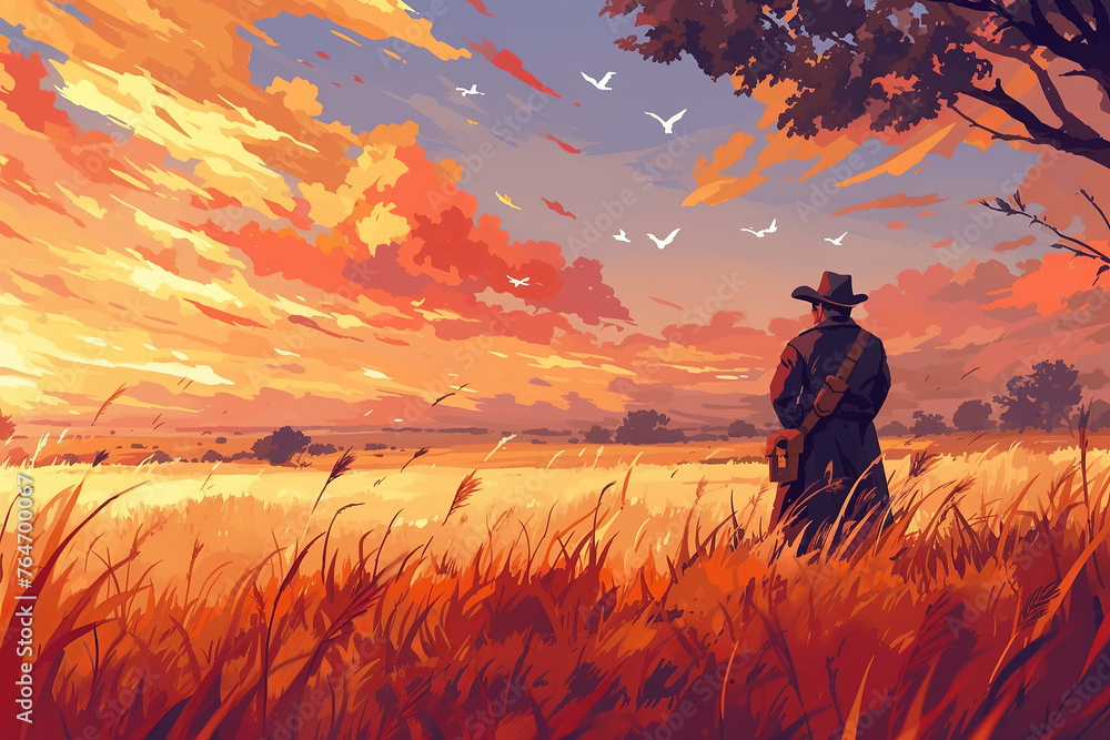 Fototapeta premium grassland with a cowboy