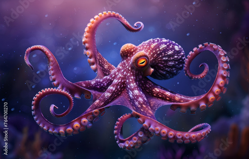 Octopus swimming in the deep sea