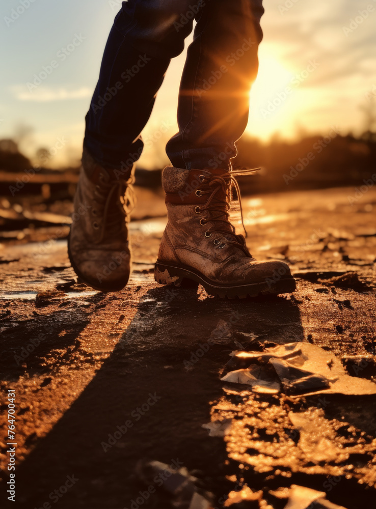 Man walks on wet road in his boots at sunset Man walks on wet road in his boots at sunset