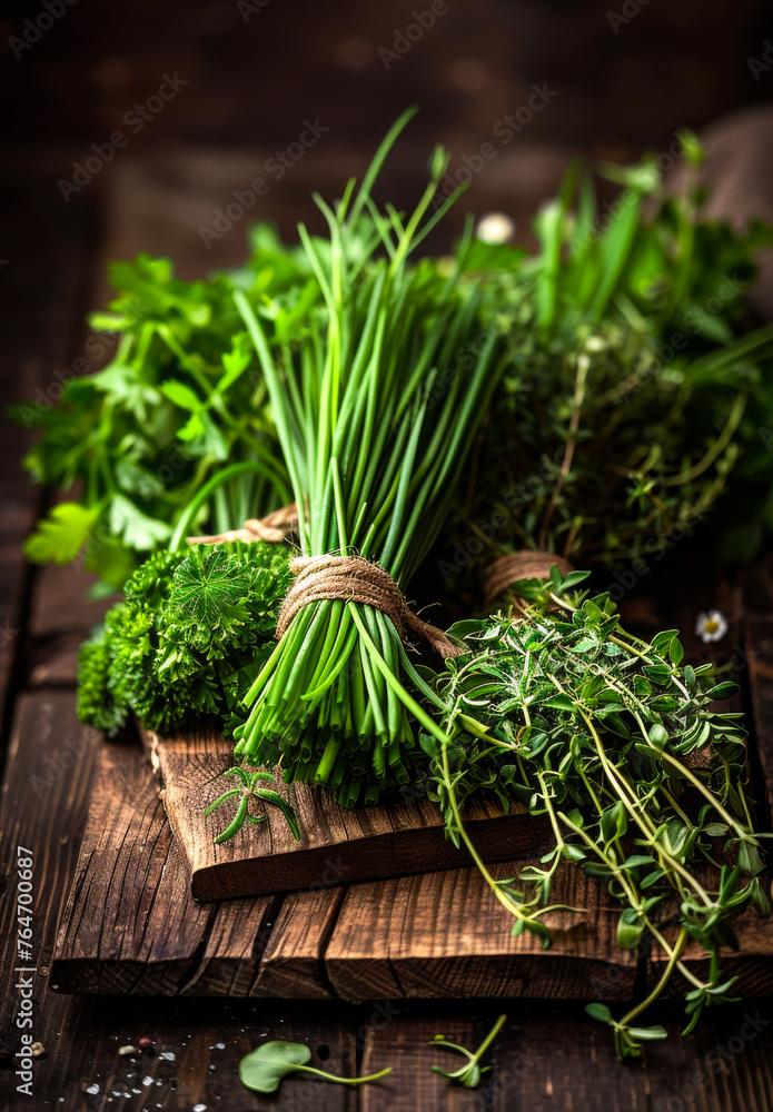 Fresh herbs and bunches of fresh green herbs on wooden table Fresh herbs and bunches of fresh green herbs on wooden table