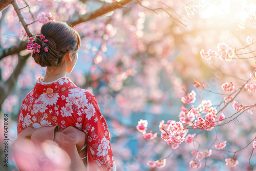 Beautiful Asian woman wearing traditional Japanese kimono on a nice spring day, enjoying cherry blossom season in Japan.
