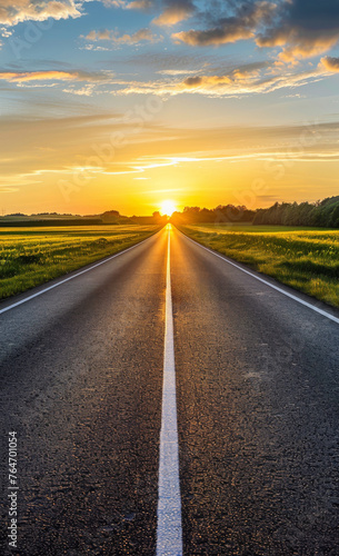 Asphalt road and green field at the sunset