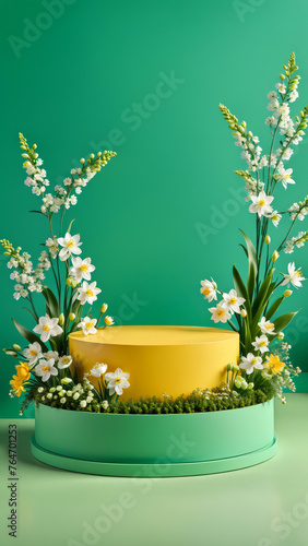 Green Spring Flower Display Background, product platform scene display, product platform scene display, spring podium, beautiful spring flowers, colourful spring mock up, abstract studio pedestal, ad