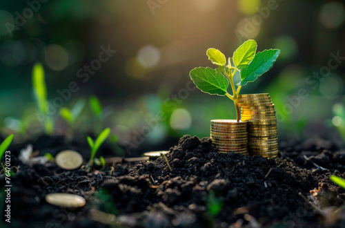 Small plant grows out of pile of coins photo
