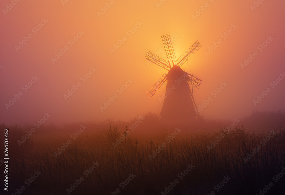 Windmill in the mist. A windmill rises from a misty field