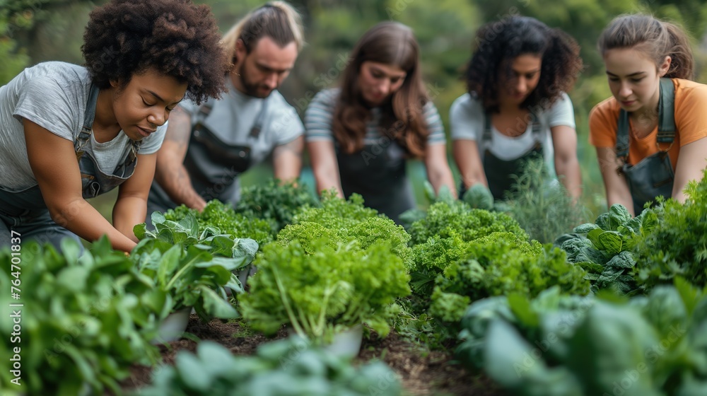 happy quality time friends and family, people in community helping each other gardening at green vegetable farm, smiling cheerful women growing lettuce in garden yard, Generative Ai happy quality time friends and family, people in community helping each other gardening at green vegetable farm, smiling cheerful women growing lettuce in garden yard, Generative Ai