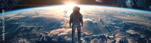 Astronaut Overlooking Sunrise from Earth's Orbit
 #764701807