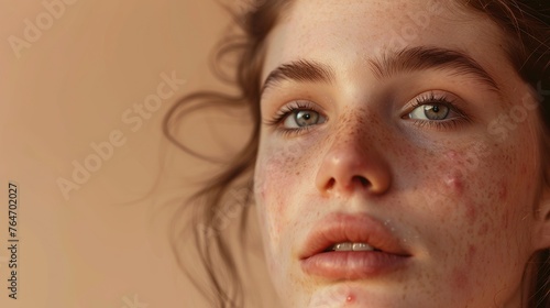 Portrait of a girl with acne disease. Pimples on the skin for advertising cosmetics and beauty salons