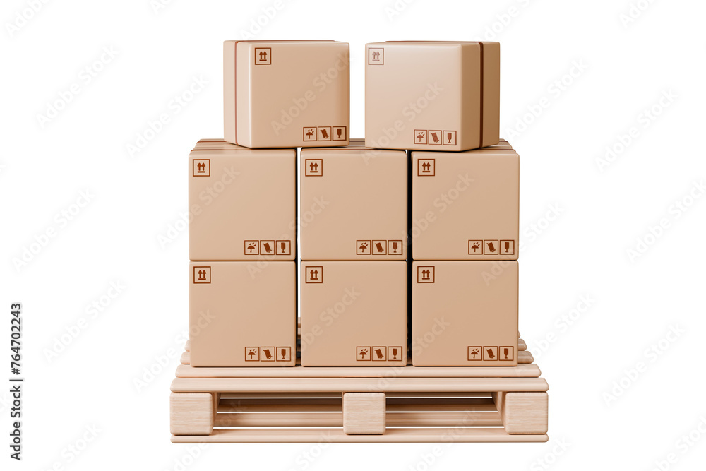 3d Stack of cardboard boxes on wooden pallet icon. Transportation cargo concept. logistic and Warehouse concept. Cartoon Wooden pallet. Isolated on transparent brown background. 3d render illustration