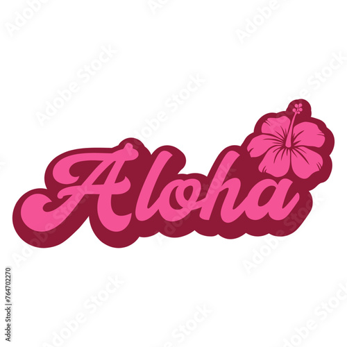 Logo vacaciones en Hawái. Letras de la palabra hawaiana aloha en texto manuscrito con silueta de flor de hibisco con sombra photo