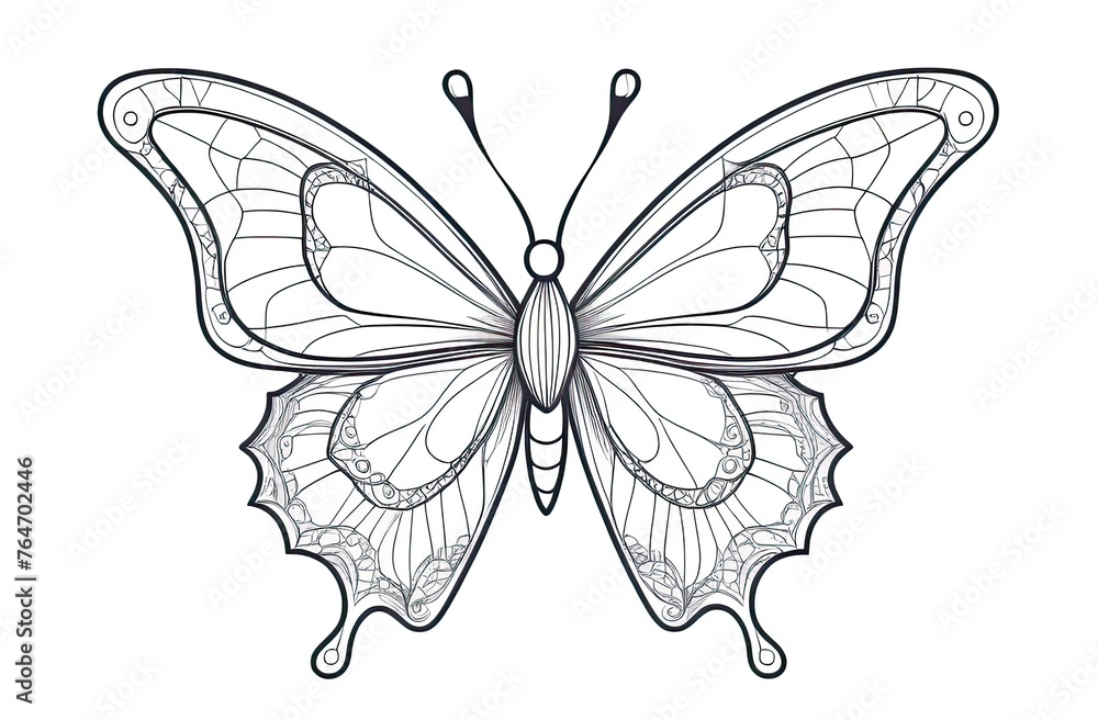 pencil drawing of a butterfly, black outline on a white background, isolate, object for coloring
