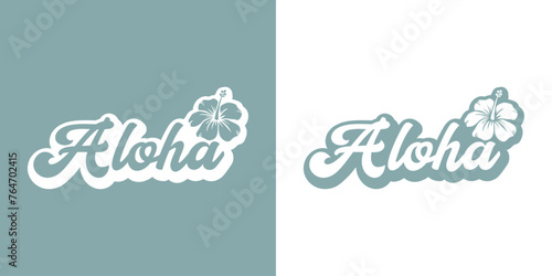 Logo vacaciones en Hawái. Letras de la palabra hawaiana aloha en texto manuscrito con silueta de flor de hibisco con sombra