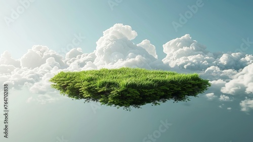 A 3D rendered image of a floating slice of land with a green grass surface, creating a surreal and isolated grass field floating in the air with clouds