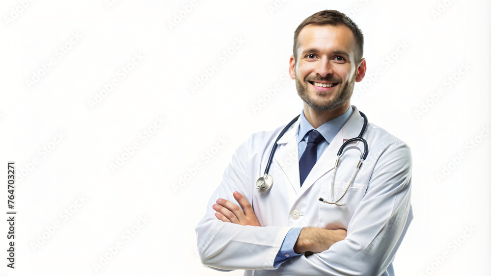 Smiling doctor with stethoscope in professional attire standing confidently, conveying friendly healthcare in a hospital setting