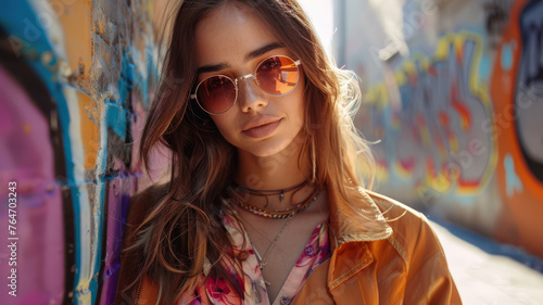 Young woman with sunglasses by graffiti.