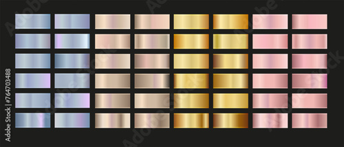 Gold rose, silver, holographic, bronze and golden foil texture gradation set. Vector shiny hologram and metallic gradient collection