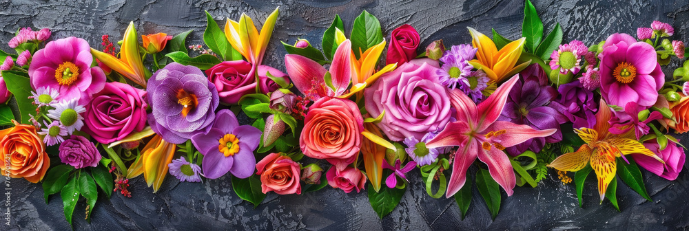 Several vibrant flowers arranged in a bunch, placed on a wall for decorative purposes Several vibrant flowers arranged in a bunch, placed on a wall for decorative purposes