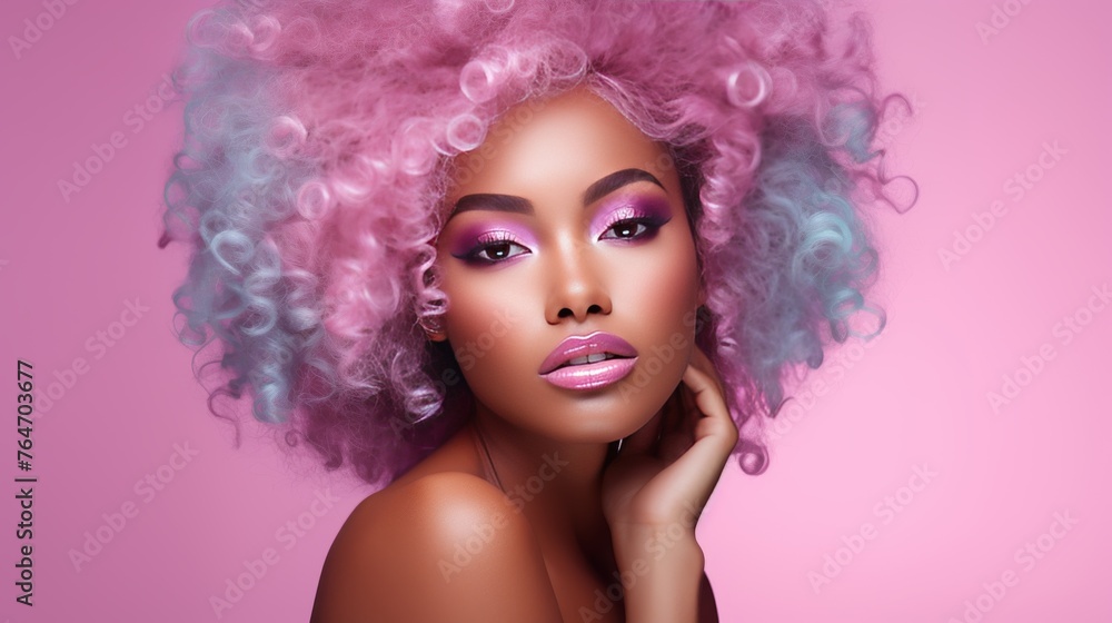 beauty portrait of a dark-skinned woman with curly multi-colored pink and blue hair, fashion, hairdressing