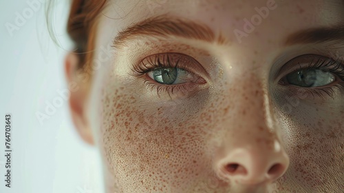 beauty portrait of a beautiful girl with freckles, concept of healthy skin and natural beauty