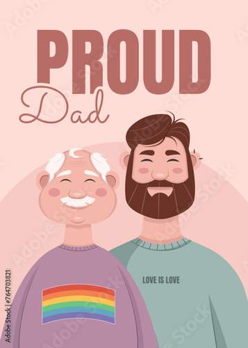 LGBTQ Proud Dad. Vector illustration with father and son. Pride month card.