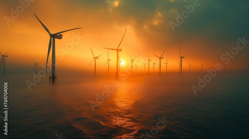 Park of wind generators installed in the sea during sunset