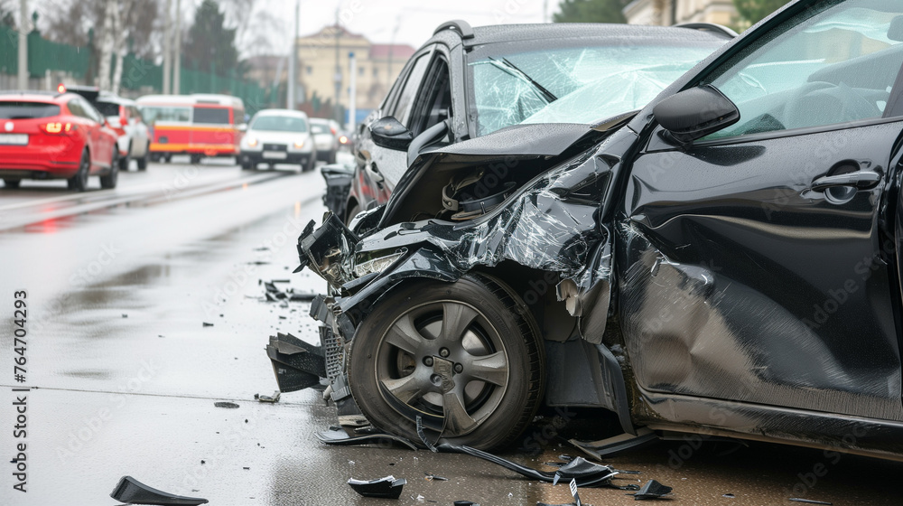 Accident between two cars. Cars stand next to each other, side view. Bumpers damaged Accident between two cars. Cars stand next to each other, side view. Bumpers damaged