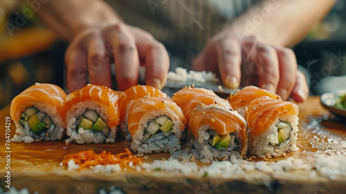 Sushi rolls being made by chef