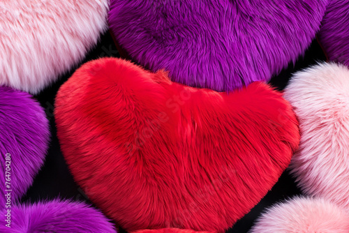 a decor love luxury heart soft pillow cushion fluffy fur stylish pattern fashion pile trendy sofa furry material decorative puffy fabric room home comfortable decoration red day valentine background © DrewTraveler