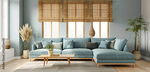 Minimalist living room, dove gray walls, bamboo blinds, sectional sofa in muted teal, wooden coffee table. photo