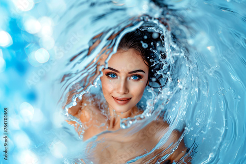 Portrait of a beautiful young woman in the water. Beauty, fashion.