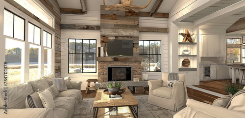 Modern farmhouse living room with reclaimed wood accents, neutral colors, and a stone fireplace, creating a warm and inviting space, photo