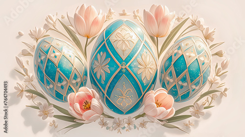 Three Easter eggs with geometry ornament and pale pink tulips.