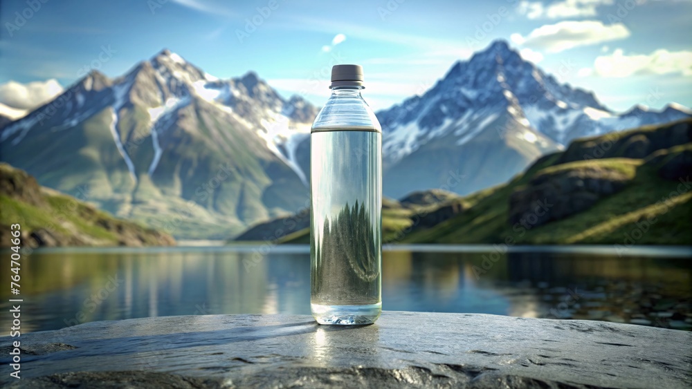 bottle of mineral water on table in front of beautiful mountain landscape - obrazy, fototapety, plakaty 