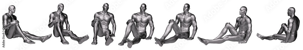 3D Render : Portrait of silver, iron metal texture male dummy character is sitting with different angle POV, PNG transparent 3D Render : Portrait of silver, iron metal texture male dummy character is sitting with different angle POV, PNG transparent