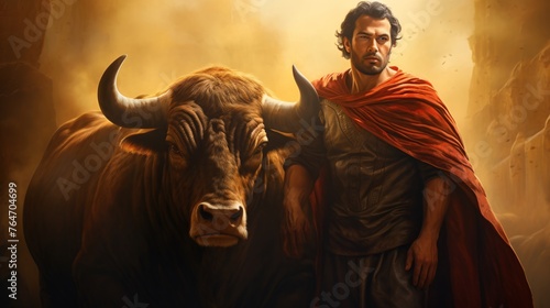 a man standing next to a bull