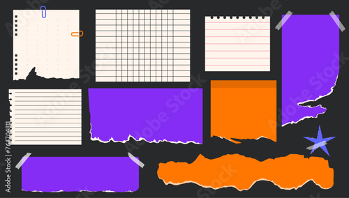 Collection and set of torn sheets of paper. Collage in trendy design and vibrant colors. Elements and figures. scrapbook and notepad. Vector illustration.