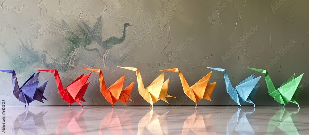 Naklejka premium Several origami birds are arranged in a row on the ground