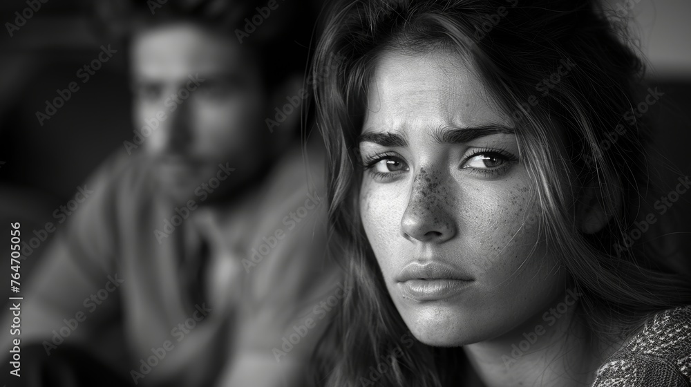 Domestic violence, with a distressed, abused woman in the foreground - and the blurry abusive man in the back. Domestic violence, with a distressed, abused woman in the foreground - and the blurry abusive man in the back.