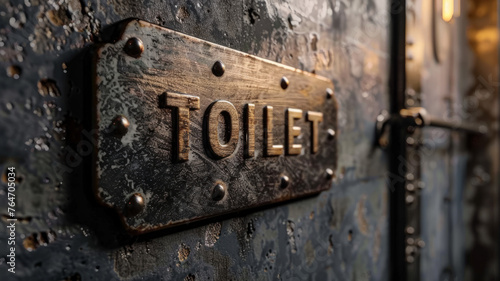 A vintage metal toilet sign on a wall.