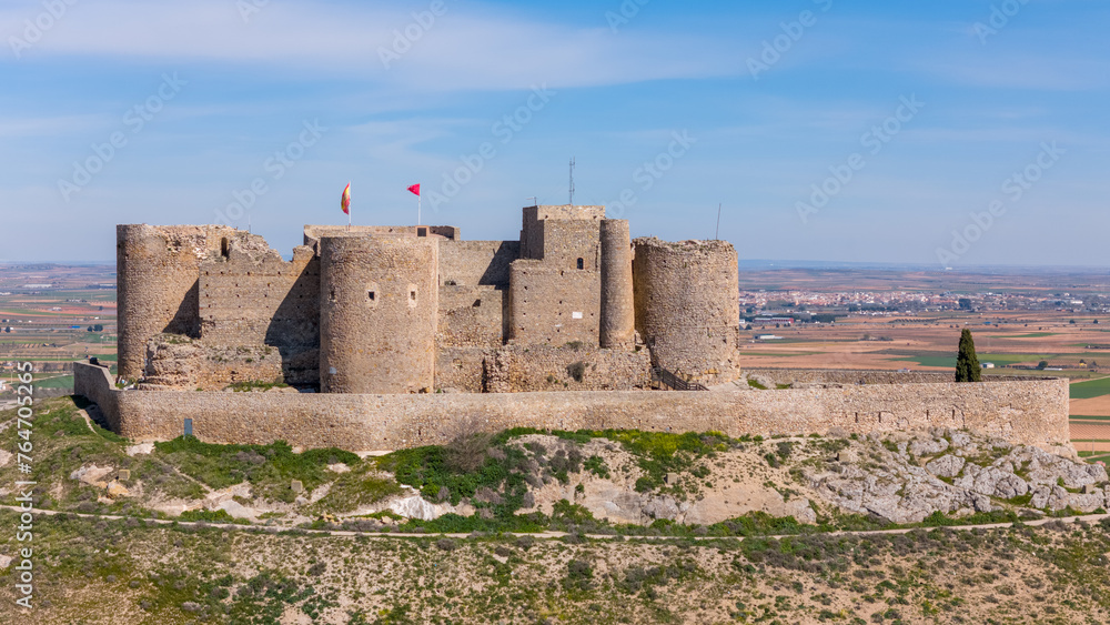 Aerial drone photo of the castle on the hill in Consuegra, Spain
