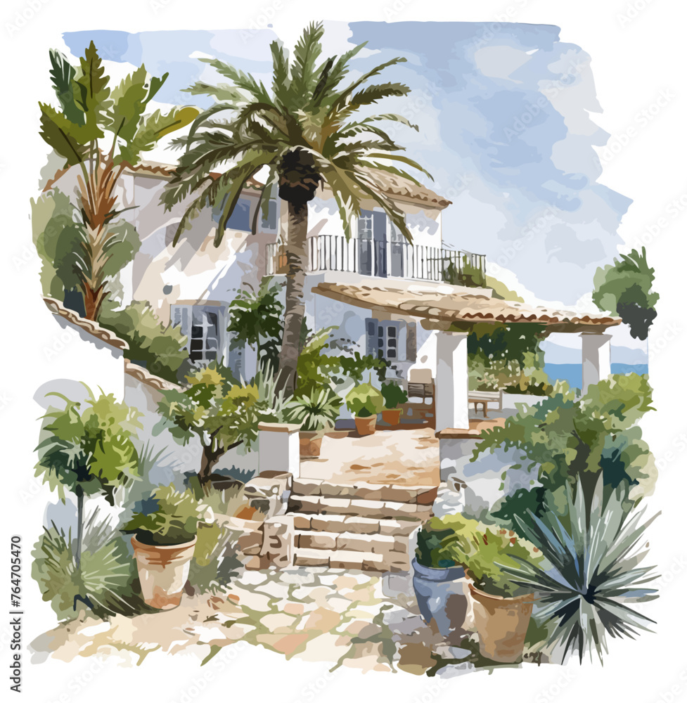 Mediterran Finca Villa Illustration Urlaub Architektur Ferienhaus Immobilie Wasserfarben Palmen