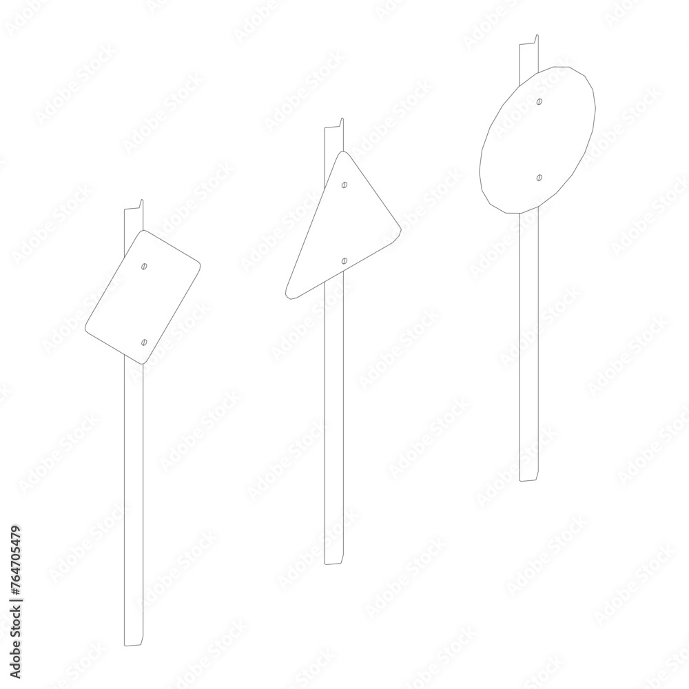 Outline of road sings set isolated on white background. Road empty board sing. Vector illustration. Isometric view. Outline of road sings set isolated on white background. Road empty board sing. Vector illustration. Isometric view.