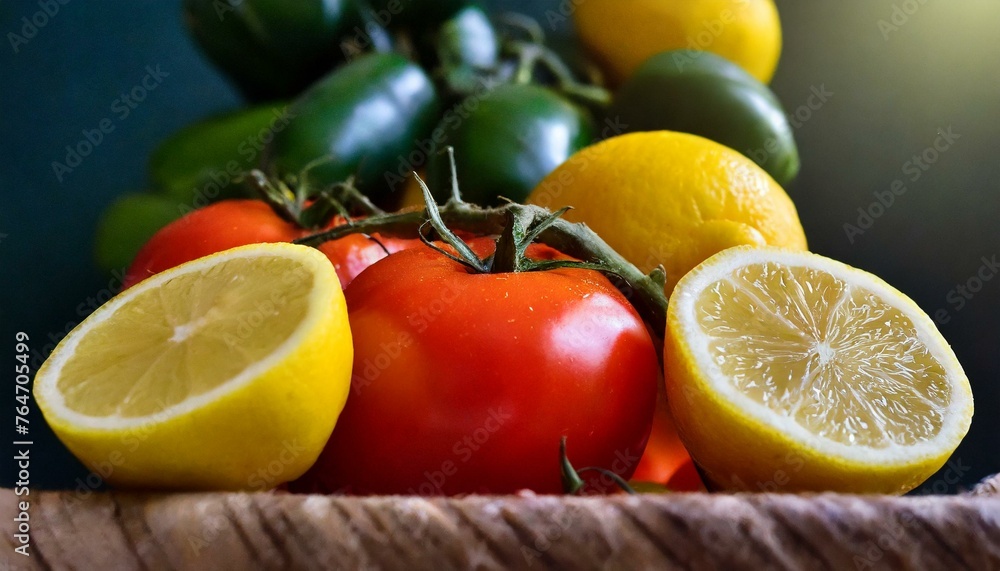 Vibrant Freshness: Close-Up Shot of Tomatoes and Lemons, Ideal for Food Blogs or Recipes Vibrant Freshness: Close-Up Shot of Tomatoes and Lemons, Ideal for Food Blogs or Recipes